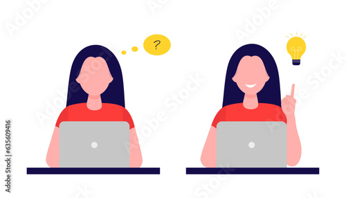A woman working at a computer thinking about solving problems and finding a creative idea. Vector illustration in flat style. Isolated on white background.