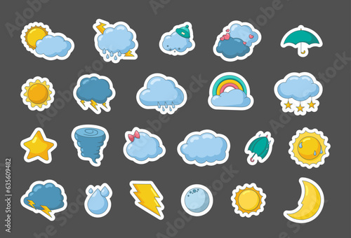 Weather forecast drawing. Sticker Bookmark. Set of vector meteorological symbols. Collection of design elements.