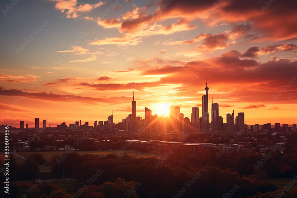 Naklejka premium An urban skyline with a brilliant sunset in the background