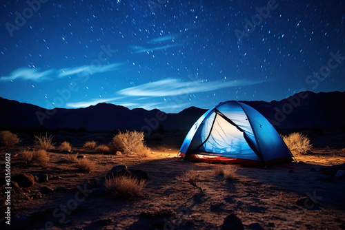 A lit tent under a star-filled sky in the wilderness
