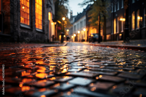 A cobblestone street after rain