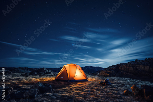 A lit tent under a star-filled sky in the wilderness