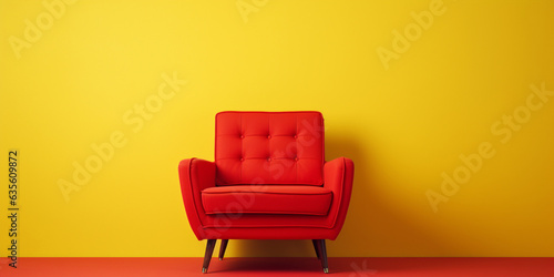 red armchair in a room with yellow wall, red armchair in a room, red chair in the room