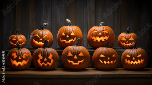 Vibrant orange pumpkins carved into wickedly grinning jack-o'-lanterns, ideal for adding a touch of spookiness to your Halloween social media posts