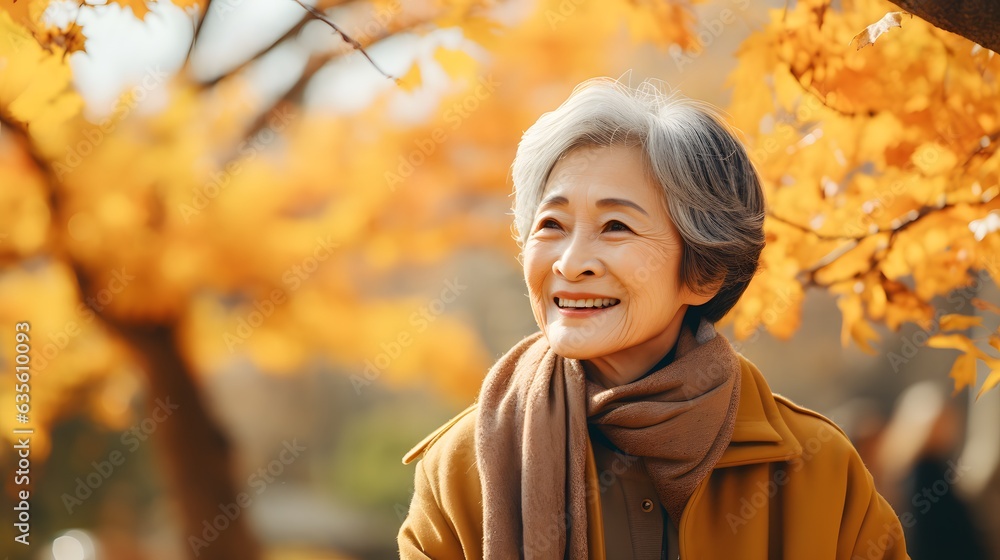 Radiant Elderly Woman: Cherishing Autumn's Beauty with a Smile Radiant Elderly Woman: Cherishing Autumn's Beauty with a Smile