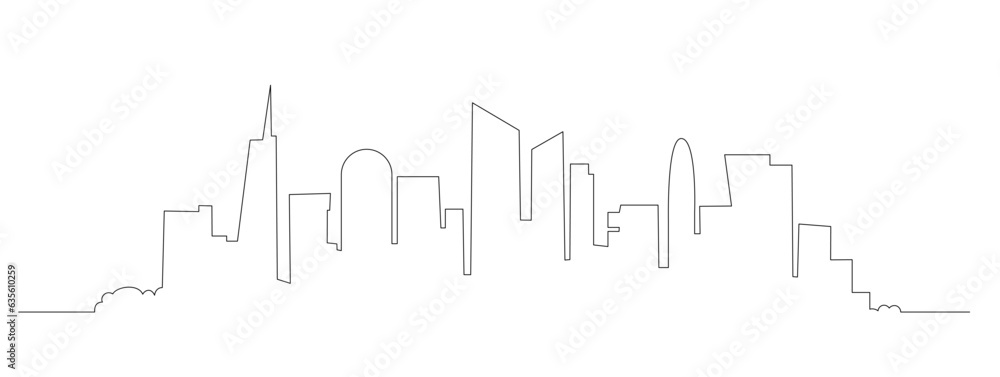City landscape continuous one line. Single line cityscape. Downtown landscape with skyscrapers. Architectural panorama. Hand drawn scketch with urban silhouettes, city, skyscraper, building. Vector
