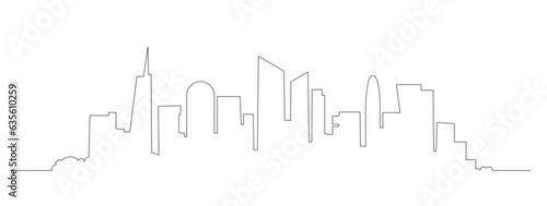 City landscape continuous one line. Single line cityscape. Downtown landscape with skyscrapers. Architectural panorama. Hand drawn scketch with urban silhouettes, city, skyscraper, building. Vector