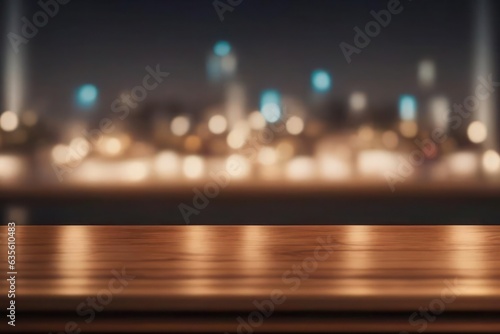 Empty wooden table top against blurred night city