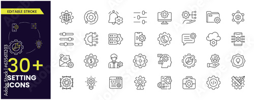 Simple Set of Settings Related stroke Line Icons. Contains such Icons as the Installation Wizard, design setting, coding setting Restore Options and more. Editable Stroke.