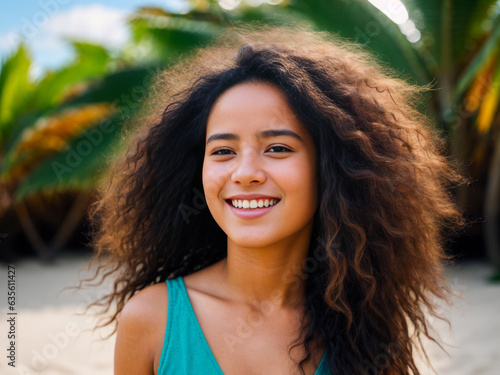 Photorealistic portrait of positive beautiful very young laughing child with loose frizzy hair fluttering in the wind on the tropical beach © mikhailberkut