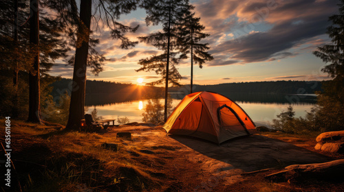 Tent in spring forest with ...