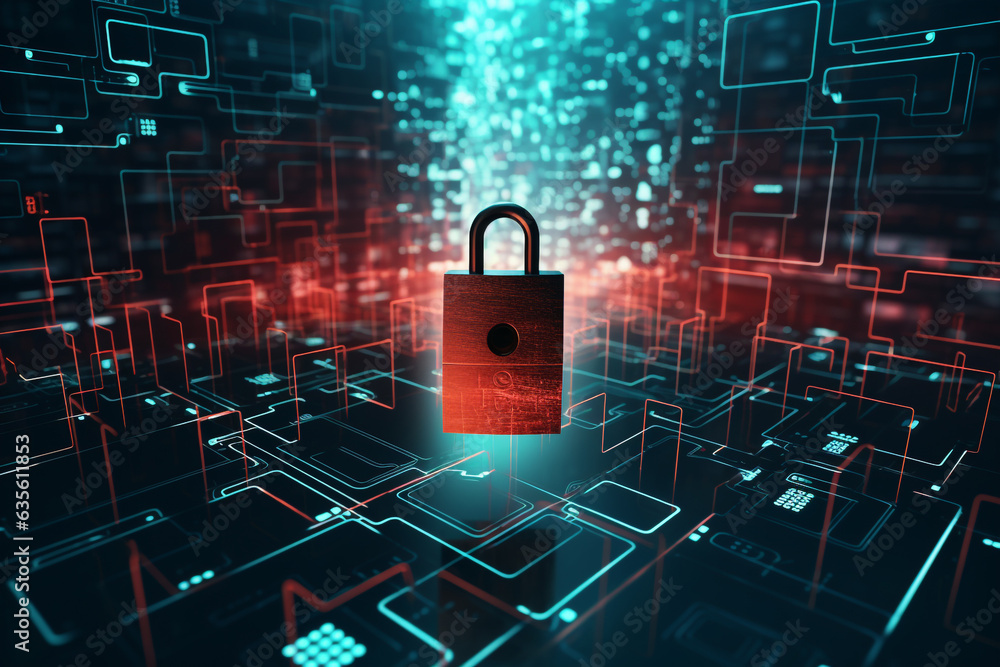 Cybersecurity concept. Padlock circuit board data center. High quality photo Cybersecurity concept. Padlock circuit board data center. High quality photo
