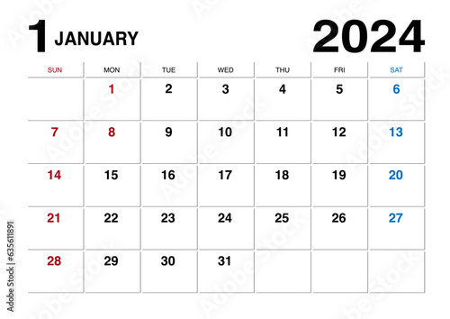 2024年1月のメモが書けるカレンダー