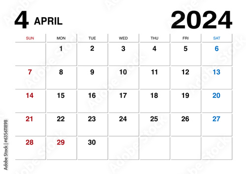 2024年4月のメモが書けるカレンダー