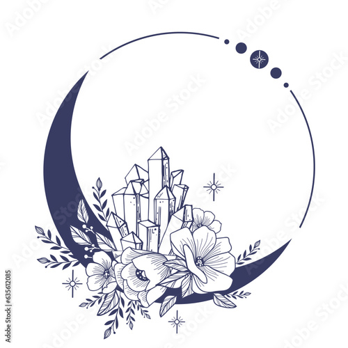 Vector illustration of Celestial Mystical boho moon, crystal, flowers and stars, witchcraft symbol, witchy esoteric objects, floral mystical elements fungi, fungus. Witchy tattoos. Esoteric clipart