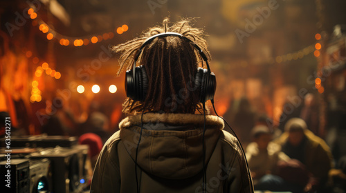 Young Kid with Dreadlocks Listening to Headphones in a Crowded Space, Generative AI