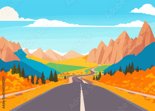 Landscape of mountain empty road in autumn with stones, pines, bushes, orange, trees and mountains. Flat colorful vector illustration