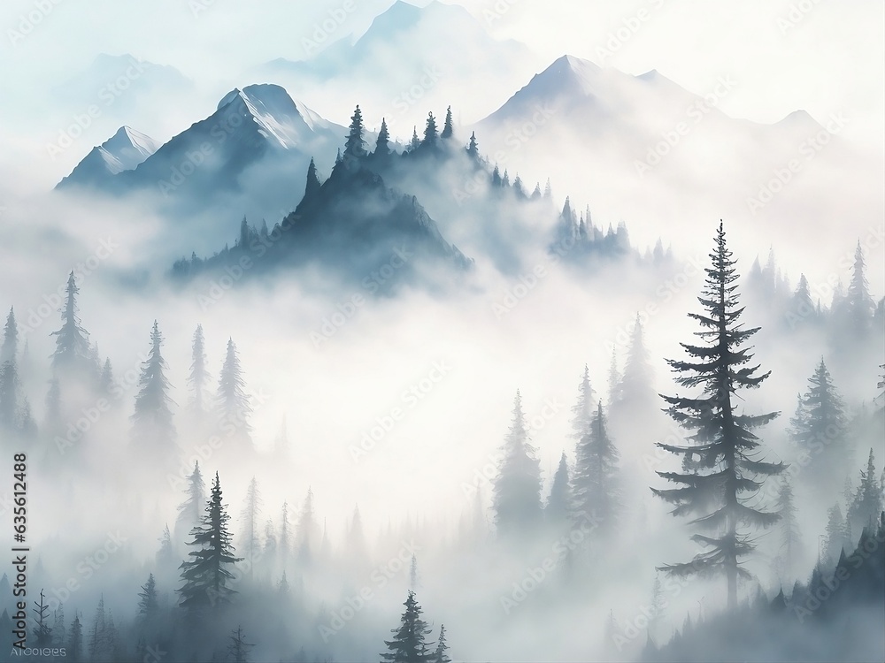 Ai Generative Photo realistic illustration of mountains forest fog morning mystic, realistic, watercolor