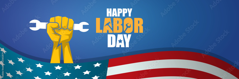 labor day Usa vector label or horizontal background. vector happy labor day poster or horizontal banner with clenched fist isolated on usa flag background . Labor union icon