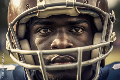Young black African man in rugby helmet, closeup American football player portrait. Generative AI