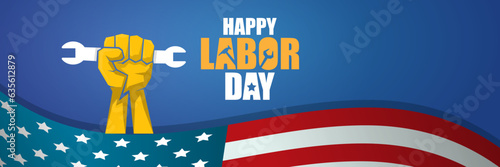 labor day Usa vector label or horizontal background. vector happy labor day poster or horizontal banner with clenched fist isolated on usa flag background . Labor union icon