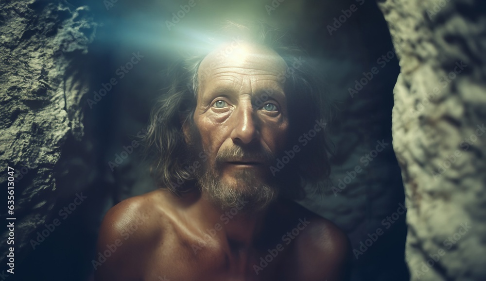 Lonely naked oldman in a dark cave in the sunlight, ai art Lonely naked oldman in a dark cave in the sunlight, ai art