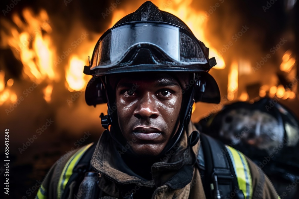 Black man firefighter in specialty clothing during a fire, ai art