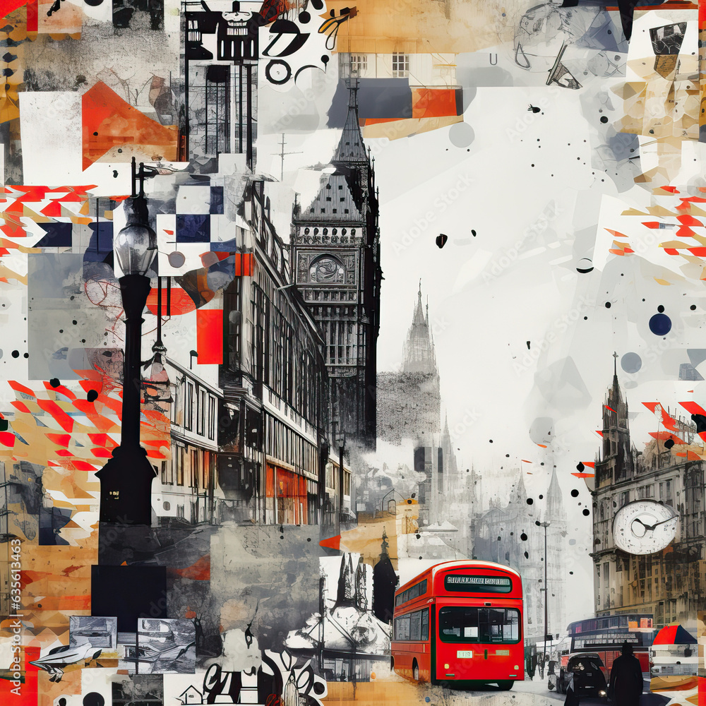 London street art collage travel moodboard, repeat pattern - obrazy, fototapety, plakaty 