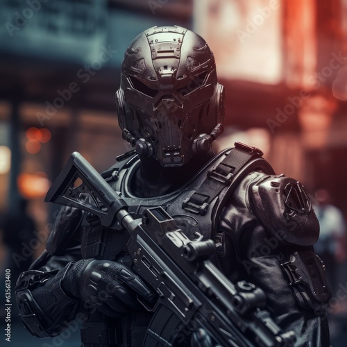 Masked Warrior on Guard with Deadly Firearm: A Stunningly Realistic Experience , Bokeh and Tilt Blur 3D Render. Generative AI 