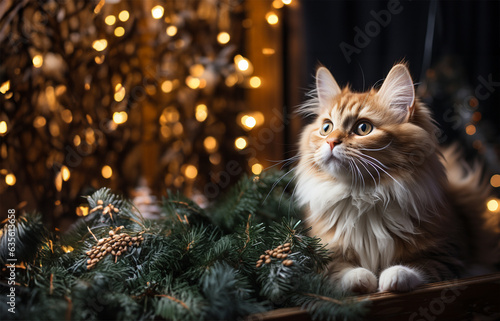 Cat on a branch of the Christmas tree on the background of the holiday illustration.greeting card.copy space. 