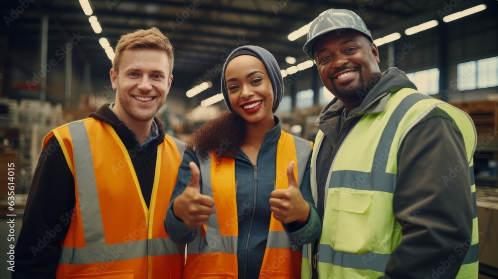 Factory workers happily work together. Generative AI Factory workers happily work together. Generative AI