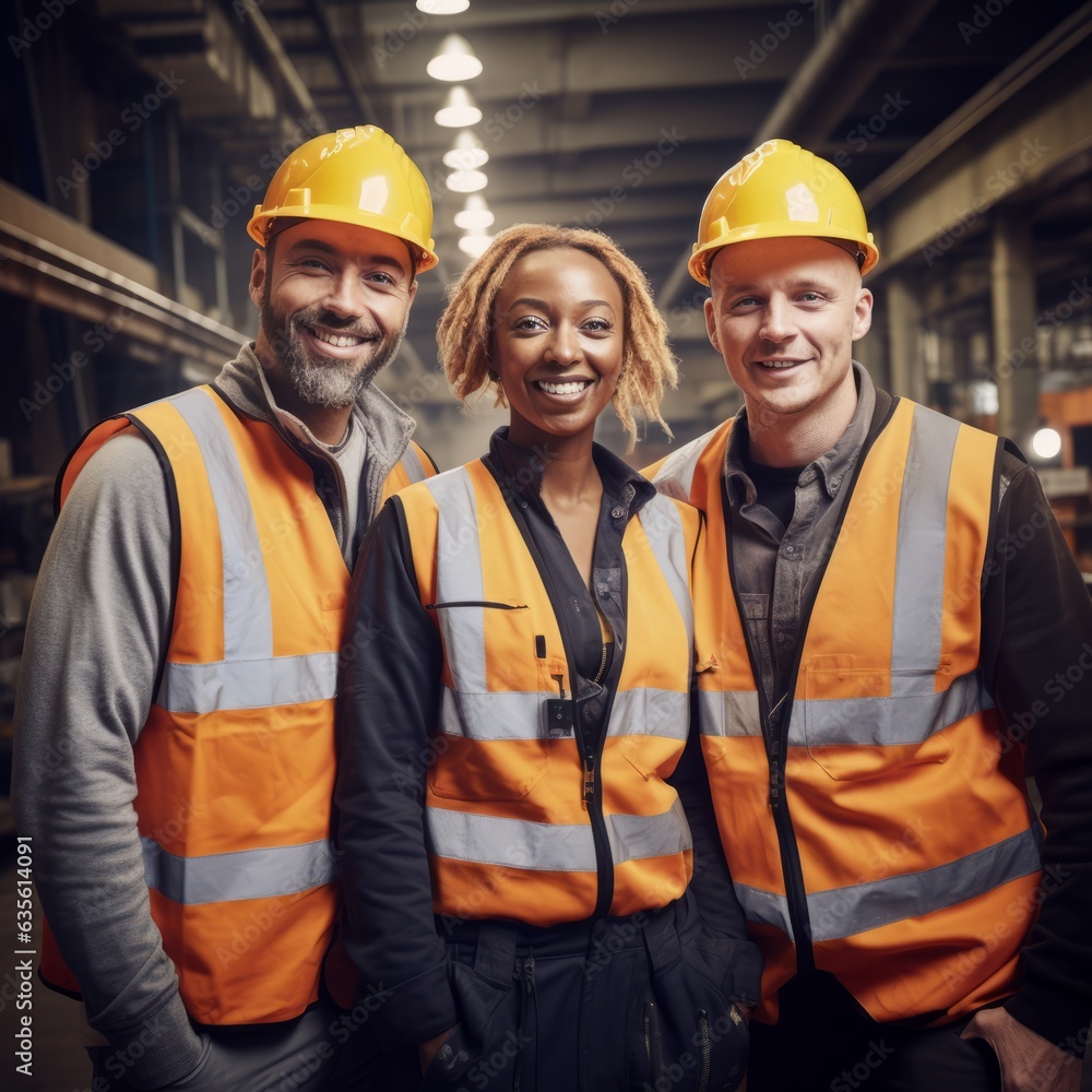 Factory workers happily work together. Generative AI Factory workers happily work together. Generative AI