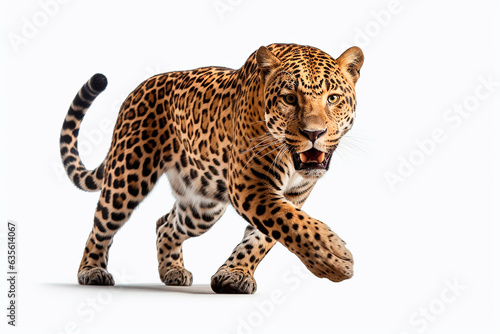 Jaguar isolated on white background running. Animal front side view portrait.