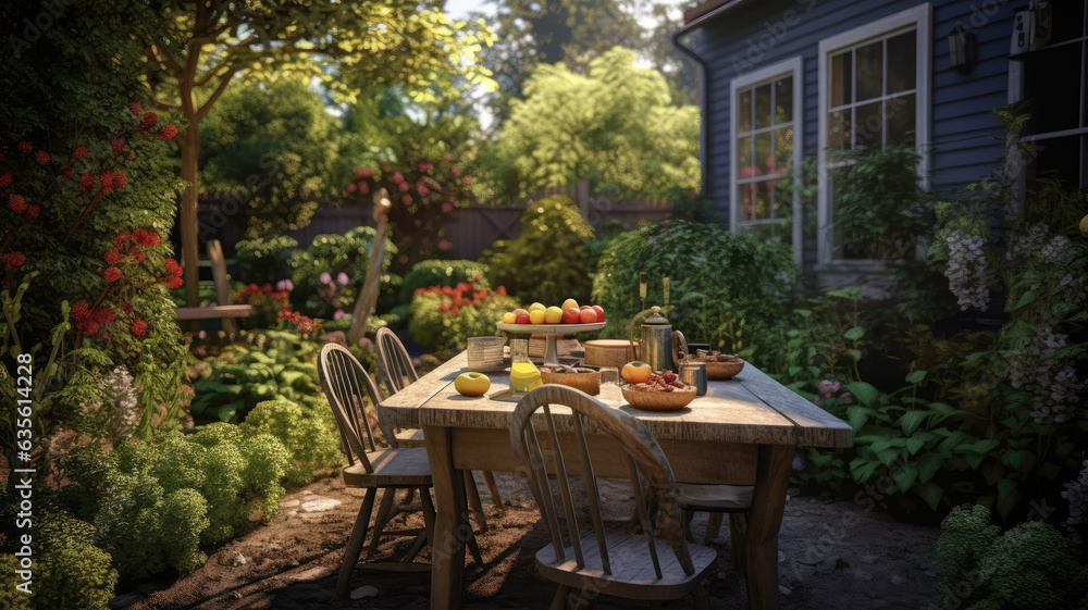 Obraz premium Dining table with place setting in backyard greenhouse. Empty back yard