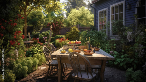 Dining table with place setting in backyard greenhouse. Empty back yard © Татьяна Прокопчук