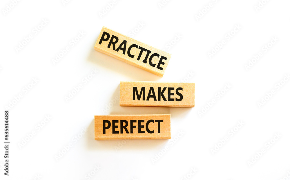 Practice makes perfect symbol. Concept words Practice makes perfect on wooden block. Beautiful white table white background. Business practice makes perfect concept. Copy space. Practice makes perfect symbol. Concept words Practice makes perfect on wooden block. Beautiful white table white background. Business practice makes perfect concept. Copy space.