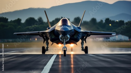 F 35 fighter jet with blue ion propulsion taking off