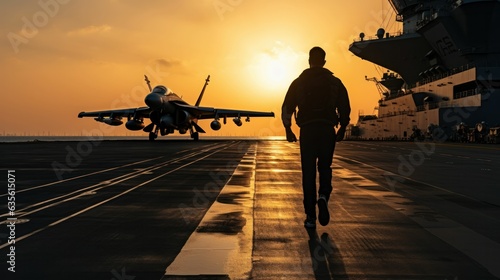 Pilot silhouette on an aircraft carrier walking towards fighter jets