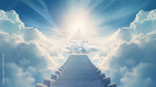 Staircase to heaven made of clouds. Shining glory in the distance