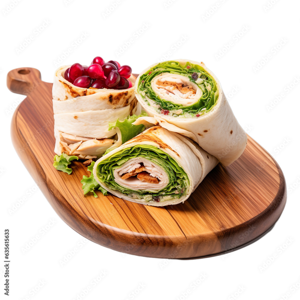 Turkey Tango Roll Wrap on a wooden plate with an isolated transparent background. Turkey Tango Roll Wrap on a wooden plate with an isolated transparent background.