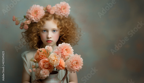 Curly ginger girl with spring flowers and bouquet. Generative AI