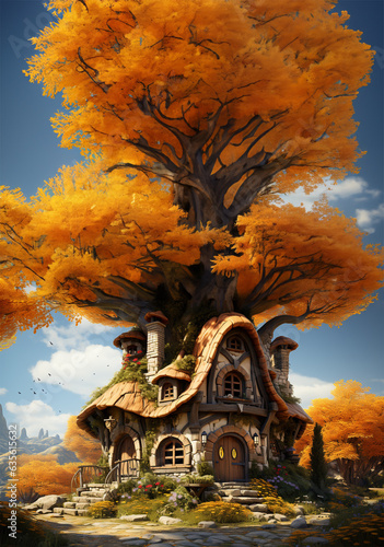 Fairytale small house with mushrooms and autumn foliage. Generative AI