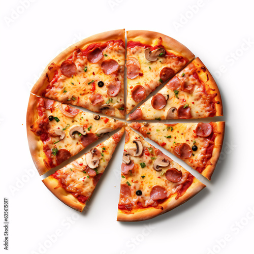 Classic pizza from pizzeria top view with cut slices isolated on a white background.