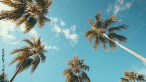 Blue sky and tropical palm trees view from below on the beach
