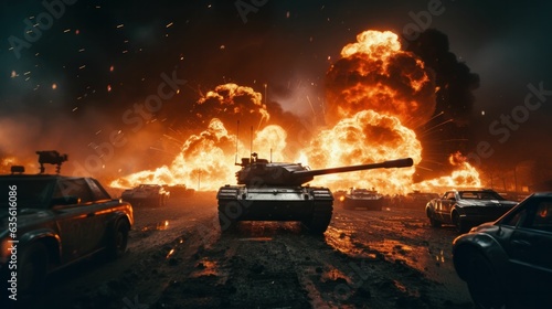 Battlefield explosion behind a tank in a war