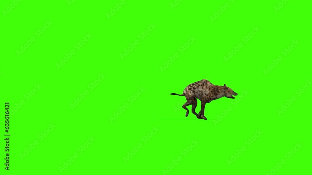 Hyena 3d lift side to the right side fast run on chroma key, 4k
