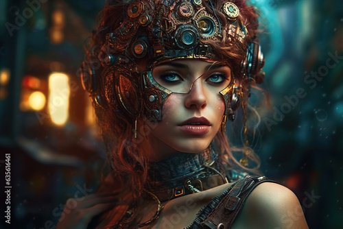 Caucasian woman in steampunk inspired fashion looking at camera