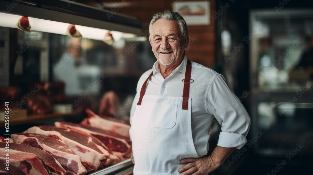 Fototapeta premium Butcher shop owner old senior man