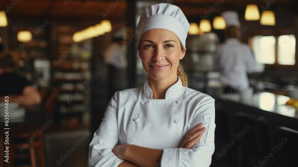 Smiling middle aged female chef standing in a restaurant kitchen with hands crossed Smiling middle aged female chef standing in a restaurant kitchen with hands crossed
