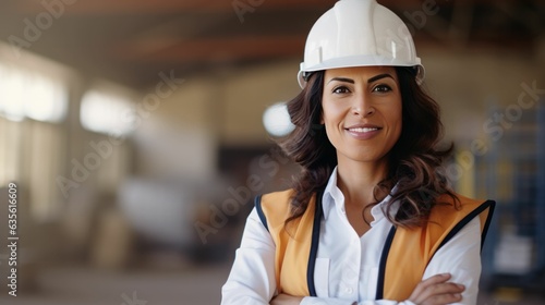Hispanic female builder construction worker at a building site, middle aged woman in a helmet